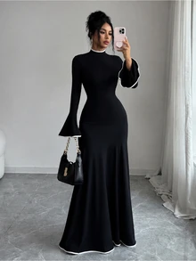 SHEIN Elenzya European And American Women's Elegant Color Block Patchwork Elastic Fitted Mermaid Skirt, With Ruffle Long Sleeves, Suitable For Autumn/Winter, Perfect For Daily Wear, Dating And Outings - Black and White - View 1