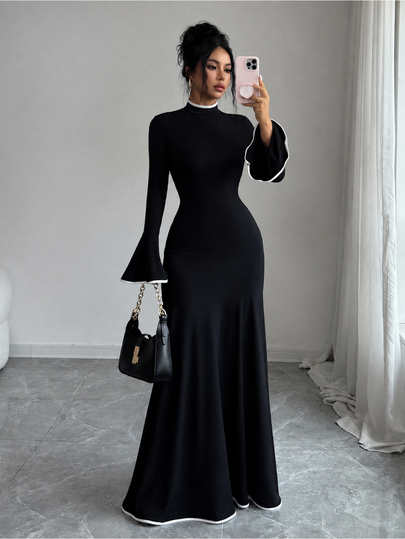 SHEIN Elenzya European And American Women's Elegant Color Block Patchwork Elastic Fitted Mermaid Skirt, With Ruffle Long Sleeves, Suitable For Autumn/Winter, Perfect For Daily Wear, Dating And Outings