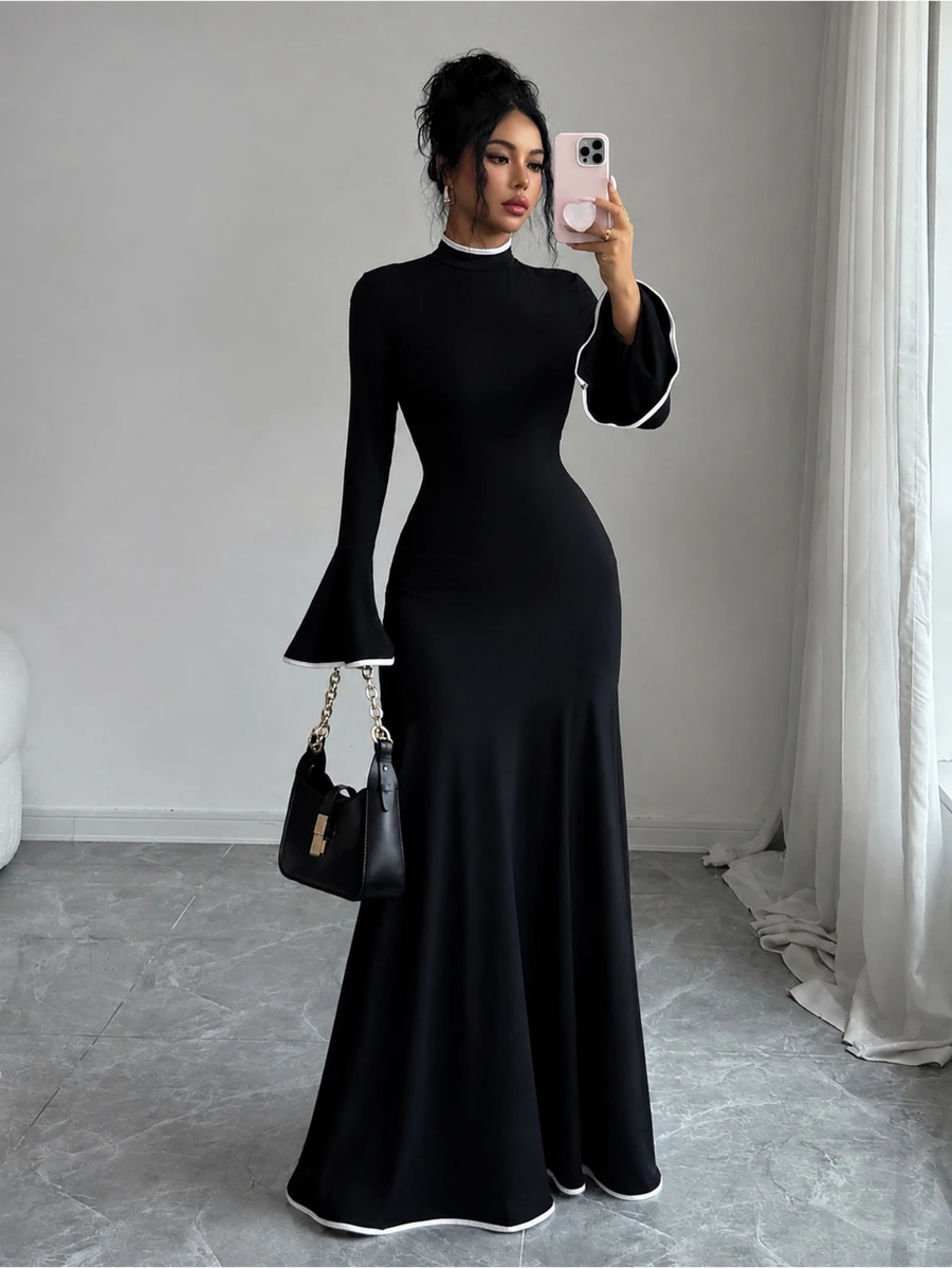 SHEIN Elenzya European And American Women's Elegant Color Block Patchwork Elastic Fitted Mermaid Skirt, With Ruffle Long Sleeves, Suitable For Autumn/Winter, Perfect For Daily Wear, Dating And Outings - Black and White - View 1