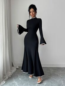 SHEIN Elenzya European And American Women's Elegant Color Block Patchwork Elastic Fitted Mermaid Skirt, With Ruffle Long Sleeves, Suitable For Autumn/Winter, Perfect For Daily Wear, Dating And Outings - Black and White - View 5