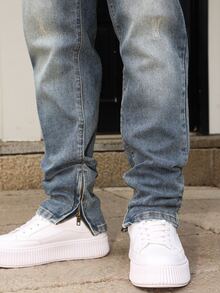 Manfinity Homme Men's Casual Washed Tapered Leg Jeans Urban Street Hang Out - Medium Wash - View 6