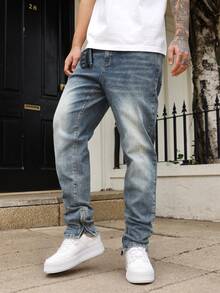 Manfinity Homme Men's Casual Washed Tapered Leg Jeans Urban Street Hang Out - Medium Wash - View 4