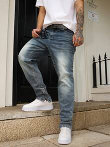 Manfinity Homme Men's Casual Washed Tapered Leg Jeans Urban Street Hang Out - Medium Wash - View 1