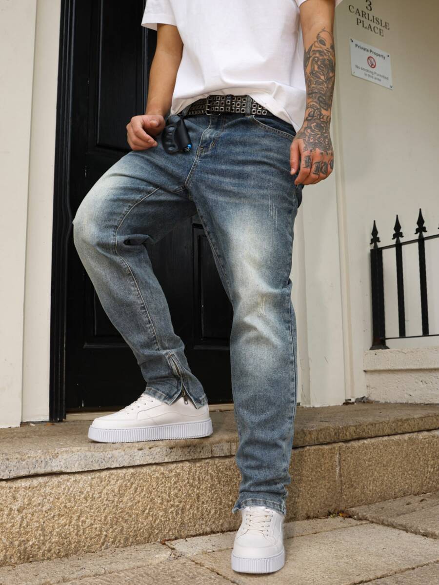 Manfinity Homme Men's Casual Washed Tapered Leg Jeans Urban Street Hang Out - Medium Wash - View 1
