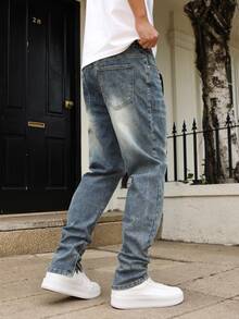 Manfinity Homme Men's Casual Washed Tapered Leg Jeans Urban Street Hang Out - Medium Wash - View 8