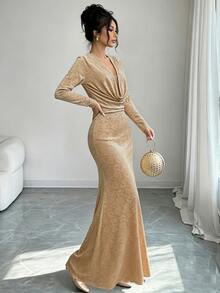Omancia Women's Elegant Party Jacquard Cowl Neck Mermaid Long Dress - Champagne - View 5