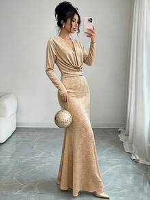 Omancia Women's Elegant Party Jacquard Cowl Neck Mermaid Long Dress - Champagne - View 3