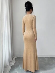 Omancia Women's Elegant Party Jacquard Cowl Neck Mermaid Long Dress - Champagne - View 2