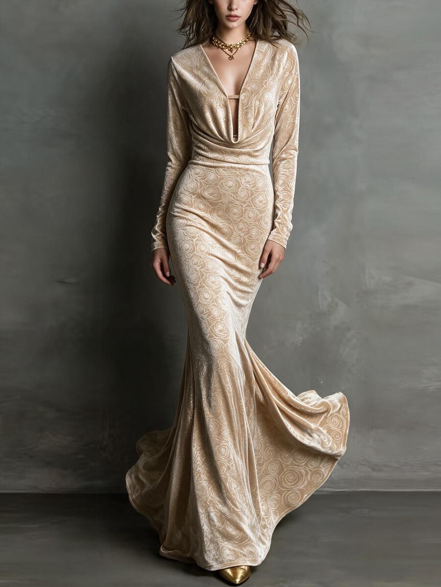 Omancia Women's Elegant Party Jacquard Cowl Neck Mermaid Long Dress - Champagne - View 1