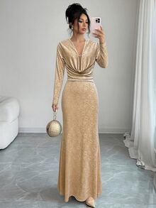 Omancia Women's Elegant Party Jacquard Cowl Neck Mermaid Long Dress - Champagne - View 4