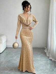 Omancia Women's Elegant Party Jacquard Cowl Neck Mermaid Long Dress - Champagne - View 6