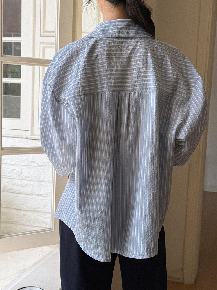 Livesso Women's Loose Casual Minimalist Modest Cotton Shirt With Collar, Long Sleeve, Blue And White Striped Solid Color, Button-Down Autumn Brunch Office - Blue - View 2