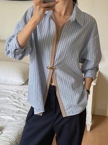 Livesso 女款寬鬆休閒簡約保守棉質襯衫，有領、長袖，藍白條紋與素色，鈕扣開襟，適合秋季早午餐與辦公室穿著 - 藍色 - 查看 5