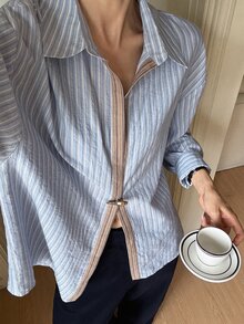 Livesso 女款寬鬆休閒簡約保守棉質襯衫，有領、長袖，藍白條紋與素色，鈕扣開襟，適合秋季早午餐與辦公室穿著 - 藍色 - 查看 7