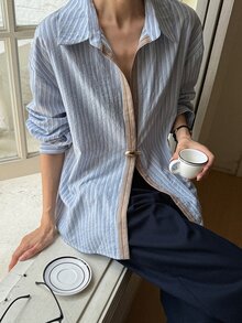 Livesso 女款寬鬆休閒簡約保守棉質襯衫，有領、長袖，藍白條紋與素色，鈕扣開襟，適合秋季早午餐與辦公室穿著 - 藍色 - 查看 4