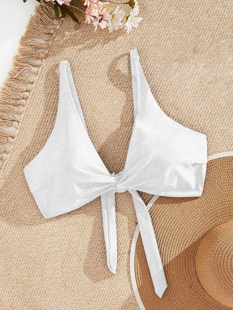 Swim Vcay Plus Size Women's Solid Color V-Neck Tied Front Beach Bikini Top Summer - White - View 3