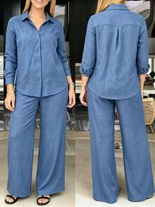 SHEIN Ensemble chemise et pantalon ample polyvalent, mode décontractée minimaliste - Bleu azur - Voir 3