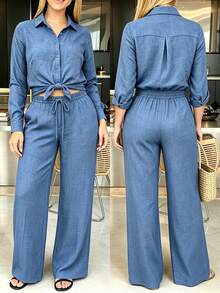SHEIN Ensemble chemise et pantalon ample polyvalent, mode décontractée minimaliste - Bleu azur - Voir 1