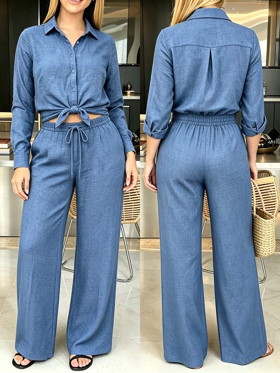 SHEIN Ensemble chemise et pantalon ample polyvalent, mode décontractée minimaliste - Bleu azur - Voir 1