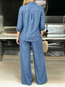 SHEIN Ensemble chemise et pantalon ample polyvalent, mode décontractée minimaliste - Bleu azur - Voir 2