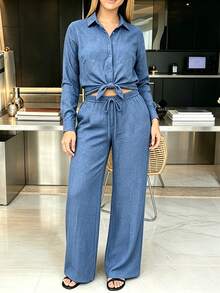 SHEIN Ensemble chemise et pantalon ample polyvalent, mode décontractée minimaliste - Bleu azur - Voir 5