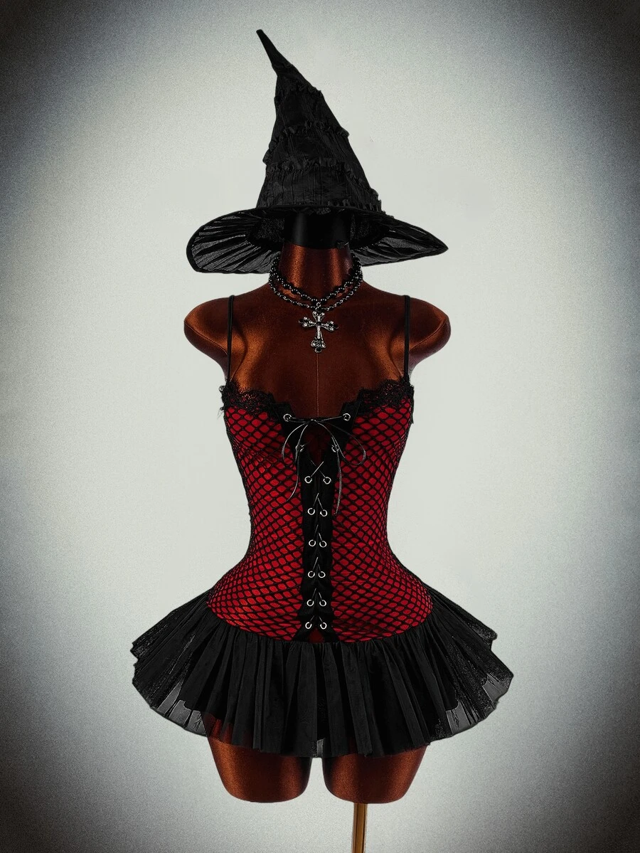 Amplova Halloween Party Gathering Event - Women's Mesh Patchwork Sexy Date Party Mini Dress - Red - View 1