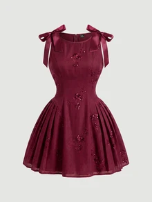 SHEIN MOD Plus Size Burgundy Vintage Party Short Dress, Daily Date Outfit, Early Autumn Wear, Embroidered Sequin Design Dress - Burgundy - View 5