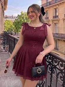 SHEIN MOD Plus Size Burgundy Vintage Party Short Dress, Daily Date Outfit, Early Autumn Wear, Embroidered Sequin Design Dress - Burgundy - View 1