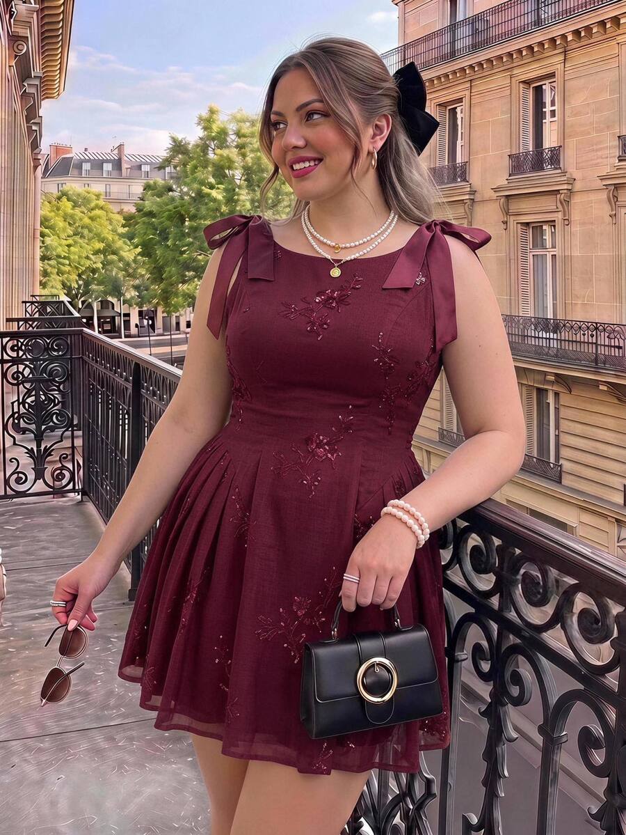 SHEIN MOD Plus Size Burgundy Vintage Party Short Dress, Daily Date Outfit, Early Autumn Wear, Embroidered Sequin Design Dress - Burgundy - View 1