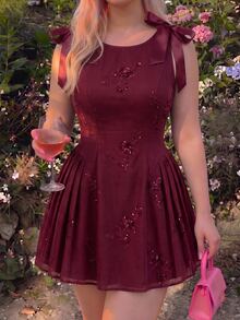 SHEIN MOD Plus Size Burgundy Vintage Party Short Dress, Daily Date Outfit, Early Autumn Wear, Embroidered Sequin Design Dress - Burgundy - View 7