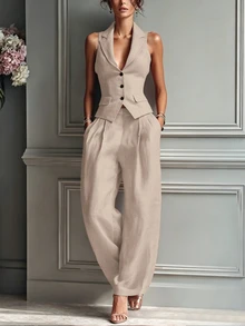 SHEIN Casual Versatile Solid Color Straight Leg Pants - Apricot - View 7