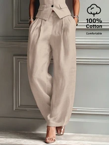 SHEIN Casual Versatile Solid Color Straight Leg Pants - Apricot - View 6
