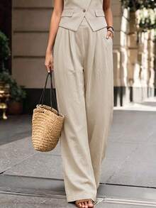 SHEIN Casual Versatile Solid Color Straight Leg Pants - Apricot - View 8