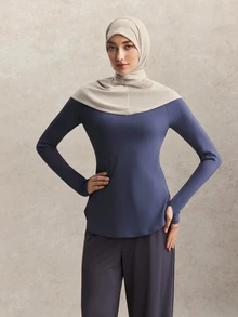 Activina Women Modest Athleisure Long Sleeve Sports Tee Crew Neck Athletic Top Soft Stretch Workout Running Gym Wear Muslim Clothes Navy Blue Autumn - Navy Blue - View 4