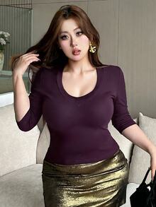 Dazy Plus Solid Color Elastic Fitted Bodycon V-Neck Sexy 3/4 Sleeve Cropped T-Shirt, Spring/Summer - Violet Purple - View 5