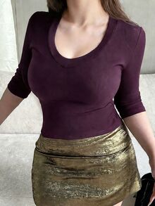 Dazy Plus Solid Color Elastic Fitted Bodycon V-Neck Sexy 3/4 Sleeve Cropped T-Shirt, Spring/Summer - Violet Purple - View 4