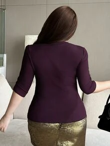 Dazy Plus Solid Color Elastic Fitted Bodycon V-Neck Sexy 3/4 Sleeve Cropped T-Shirt, Spring/Summer - Violet Purple - View 2