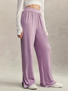 Activina Women's Modest Solid Color High Waist Straight Leg Pants Minimalist Low Waist Baggy Low Rise Sports Sweatpants Elastic Drawstring Wide Casual Trousers - Mauve Purple - View 3