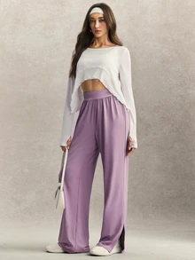Activina Women's Modest Solid Color High Waist Straight Leg Pants Minimalist Low Waist Baggy Low Rise Sports Sweatpants Elastic Drawstring Wide Casual Trousers - Mauve Purple - View 5