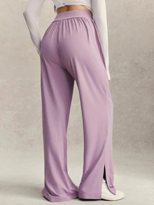 Activina Women's Modest Solid Color High Waist Straight Leg Pants Minimalist Low Waist Baggy Low Rise Sports Sweatpants Elastic Drawstring Wide Casual Trousers - Mauve Purple - View 2