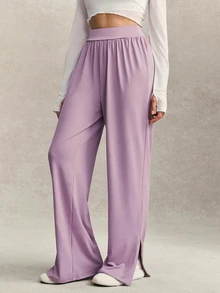 Activina Women's Modest Solid Color High Waist Straight Leg Pants Minimalist Low Waist Baggy Low Rise Sports Sweatpants Elastic Drawstring Wide Casual Trousers - Mauve Purple - View 1