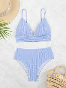 Swim Vcay Summer Beach Striped High Waisted Bikini Set - Blue and White - View 4