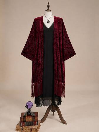 Vintage Hippie Bohemian Plus Size Tassel Long Cover Up, Velvet Texture Purple Loose Fit Slimming Sun Protection Cover-Up, Long Outerwear