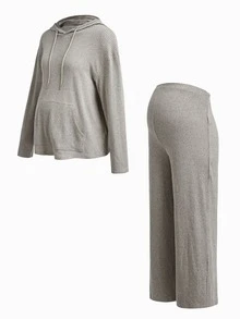 Modmama Maternity Drop Shoulder Hoodie & Pants Set Fall - Apricot - View 16