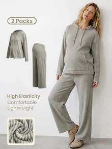 Modmama Maternity Drop Shoulder Hoodie & Pants Set Fall - Apricot - View 1