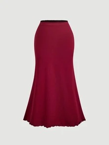 SHEIN MOD Setelan 2 Potong Atasan Bahu Asimetris dan Rok Ekor Ikan Warna Burgundy Ukuran Plus untuk Musim Gugur, Pakaian Serbaguna untuk Musim Gugur/Dingin, Setelan Pesta Liburan Musim Gugur - Burgundy - View 6