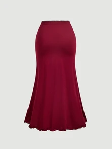 SHEIN MOD Setelan 2 Potong Atasan Bahu Asimetris dan Rok Ekor Ikan Warna Burgundy Ukuran Plus untuk Musim Gugur, Pakaian Serbaguna untuk Musim Gugur/Dingin, Setelan Pesta Liburan Musim Gugur - Burgundy - View 7