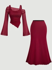 SHEIN MOD Setelan 2 Potong Atasan Bahu Asimetris dan Rok Ekor Ikan Warna Burgundy Ukuran Plus untuk Musim Gugur, Pakaian Serbaguna untuk Musim Gugur/Dingin, Setelan Pesta Liburan Musim Gugur - Burgundy - View 8