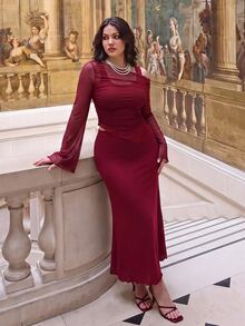 SHEIN MOD Setelan 2 Potong Atasan Bahu Asimetris dan Rok Ekor Ikan Warna Burgundy Ukuran Plus untuk Musim Gugur, Pakaian Serbaguna untuk Musim Gugur/Dingin, Setelan Pesta Liburan Musim Gugur - Burgundy - View 10