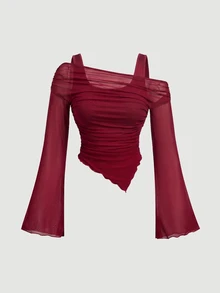 SHEIN MOD Setelan 2 Potong Atasan Bahu Asimetris dan Rok Ekor Ikan Warna Burgundy Ukuran Plus untuk Musim Gugur, Pakaian Serbaguna untuk Musim Gugur/Dingin, Setelan Pesta Liburan Musim Gugur - Burgundy - View 5